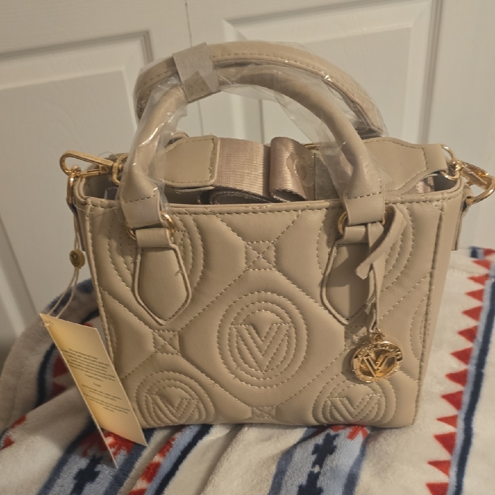 Cream Mini Bag with Gold Hardware and Textured Leather by Michael Kors